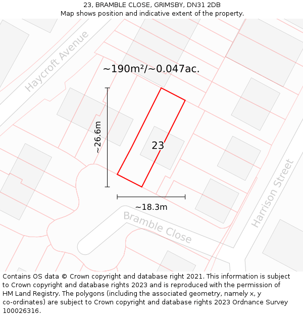 23, BRAMBLE CLOSE, GRIMSBY, DN31 2DB: Plot and title map