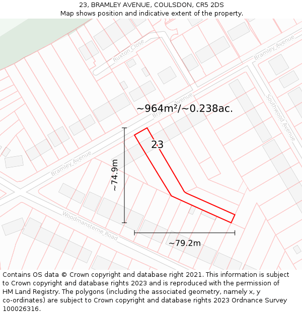 23, BRAMLEY AVENUE, COULSDON, CR5 2DS: Plot and title map