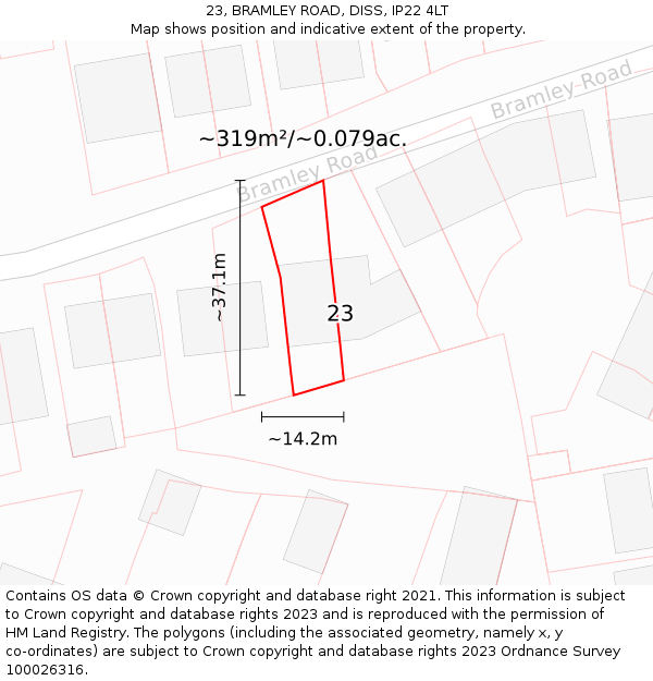23, BRAMLEY ROAD, DISS, IP22 4LT: Plot and title map