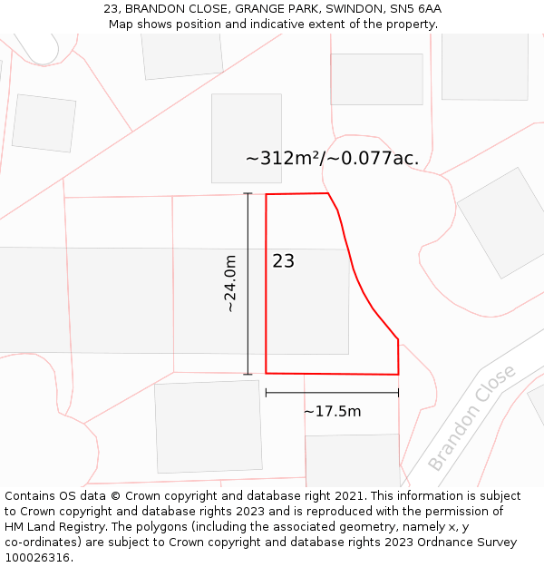 23, BRANDON CLOSE, GRANGE PARK, SWINDON, SN5 6AA: Plot and title map