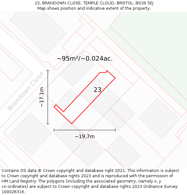 23, BRANDOWN CLOSE, TEMPLE CLOUD, BRISTOL, BS39 5EJ: Plot and title map