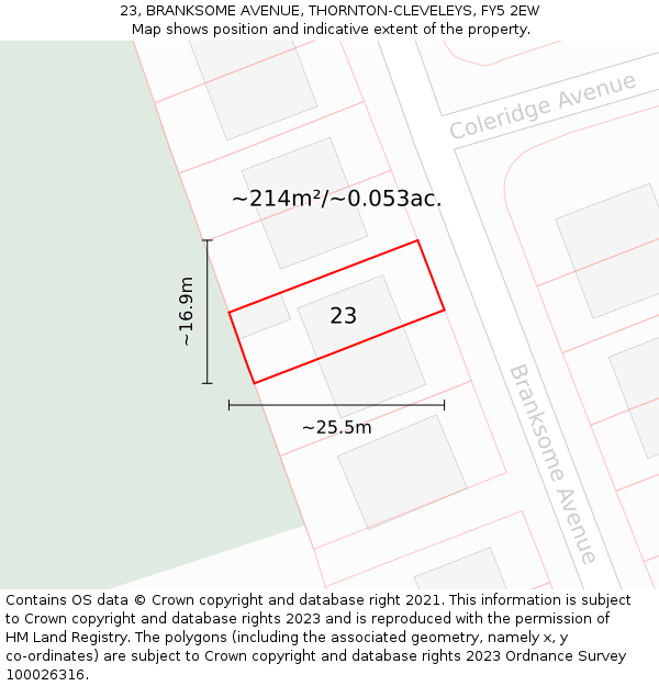 23, BRANKSOME AVENUE, THORNTON-CLEVELEYS, FY5 2EW: Plot and title map