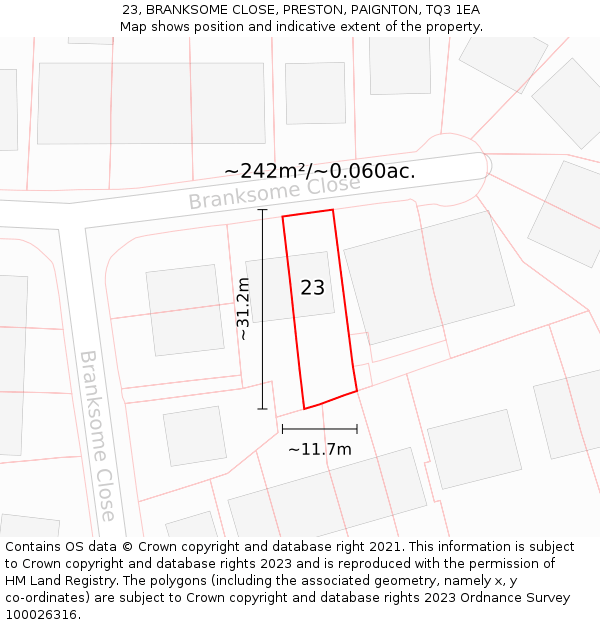 23, BRANKSOME CLOSE, PRESTON, PAIGNTON, TQ3 1EA: Plot and title map