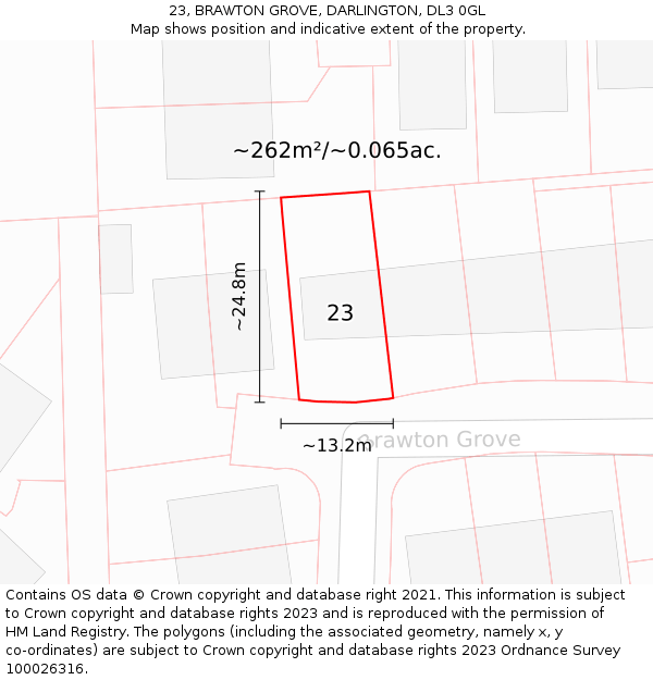 23, BRAWTON GROVE, DARLINGTON, DL3 0GL: Plot and title map
