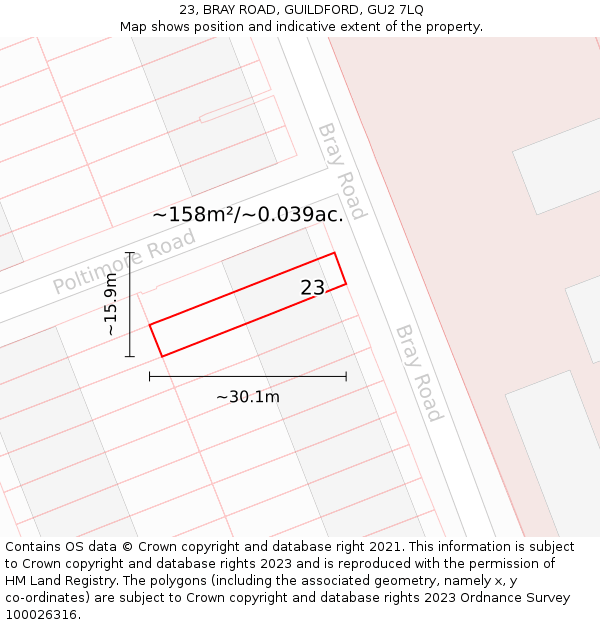 23, BRAY ROAD, GUILDFORD, GU2 7LQ: Plot and title map