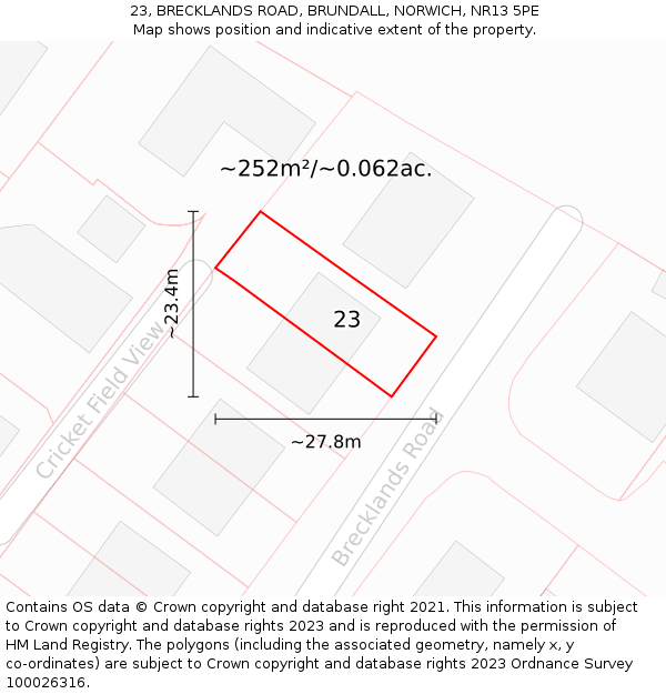 23, BRECKLANDS ROAD, BRUNDALL, NORWICH, NR13 5PE: Plot and title map