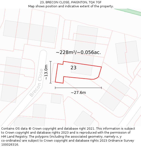 23, BRECON CLOSE, PAIGNTON, TQ4 7GF: Plot and title map
