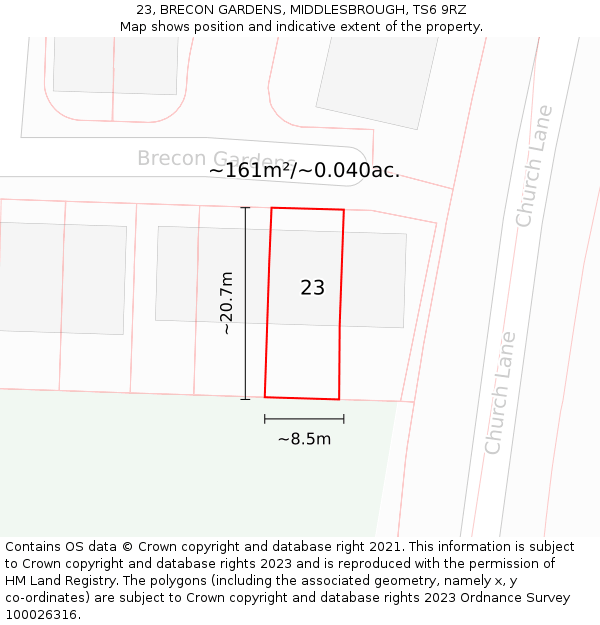 23, BRECON GARDENS, MIDDLESBROUGH, TS6 9RZ: Plot and title map