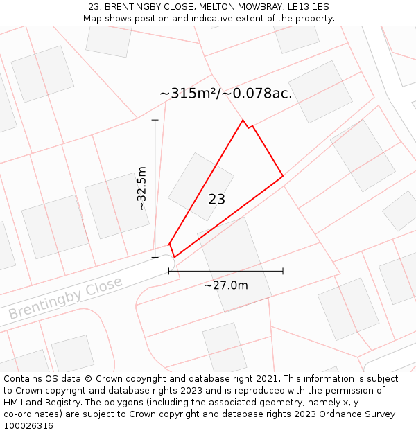 23, BRENTINGBY CLOSE, MELTON MOWBRAY, LE13 1ES: Plot and title map