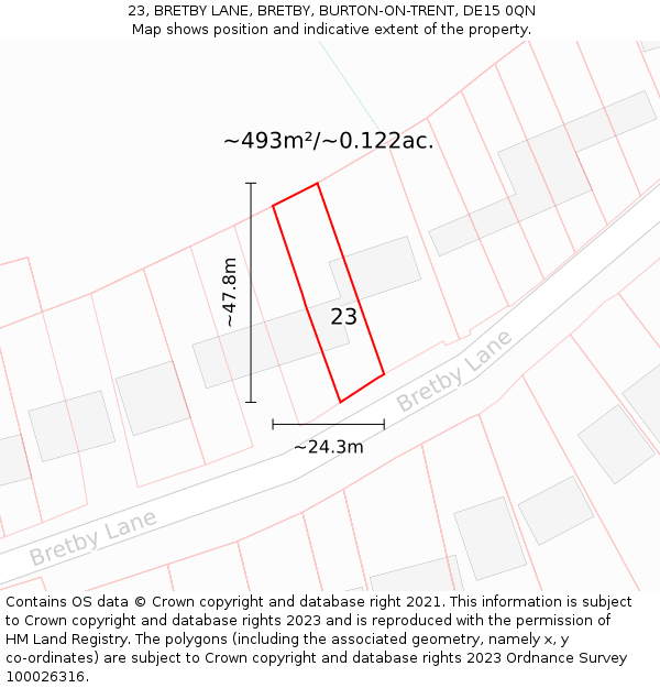 23, BRETBY LANE, BRETBY, BURTON-ON-TRENT, DE15 0QN: Plot and title map