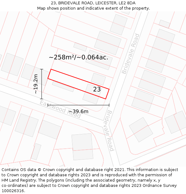 23, BRIDEVALE ROAD, LEICESTER, LE2 8DA: Plot and title map