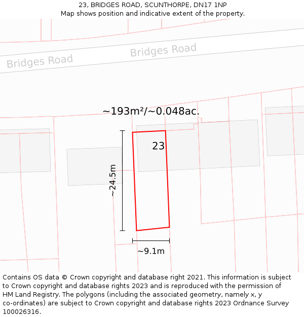 23, BRIDGES ROAD, SCUNTHORPE, DN17 1NP: Plot and title map