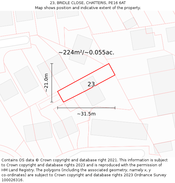 23, BRIDLE CLOSE, CHATTERIS, PE16 6AT: Plot and title map