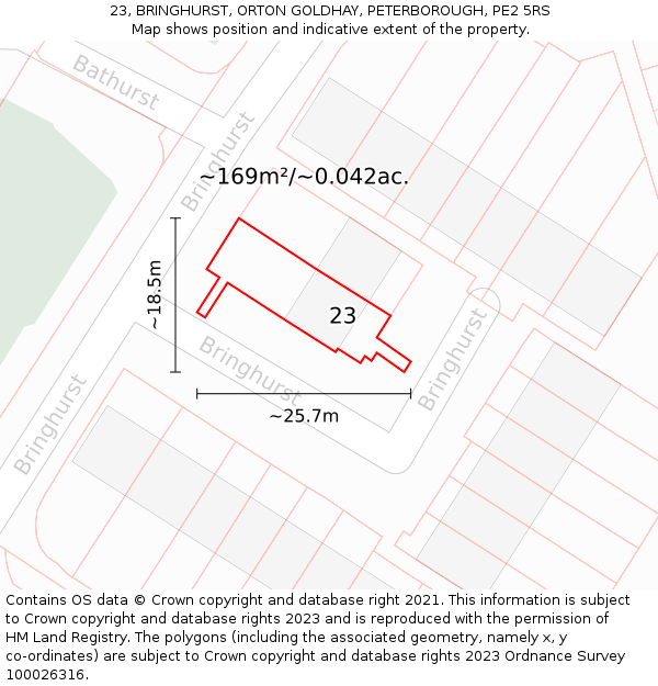 23, BRINGHURST, ORTON GOLDHAY, PETERBOROUGH, PE2 5RS: Plot and title map