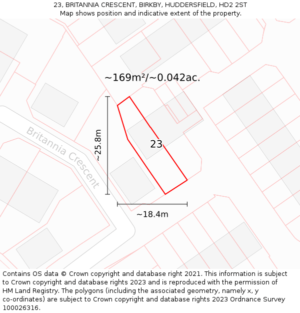 23, BRITANNIA CRESCENT, BIRKBY, HUDDERSFIELD, HD2 2ST: Plot and title map