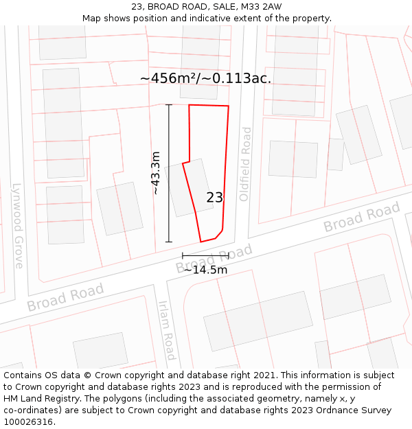 23, BROAD ROAD, SALE, M33 2AW: Plot and title map