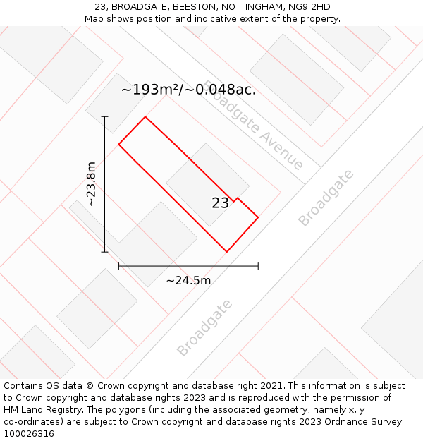 23, BROADGATE, BEESTON, NOTTINGHAM, NG9 2HD: Plot and title map
