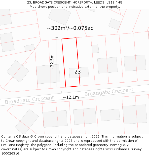 23, BROADGATE CRESCENT, HORSFORTH, LEEDS, LS18 4HG: Plot and title map