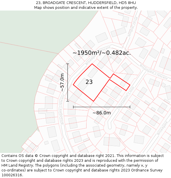 23, BROADGATE CRESCENT, HUDDERSFIELD, HD5 8HU: Plot and title map