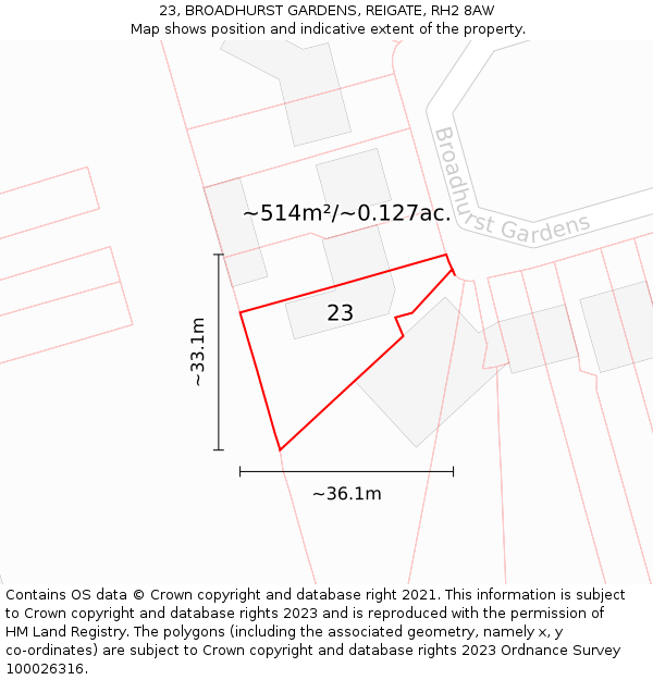 23, BROADHURST GARDENS, REIGATE, RH2 8AW: Plot and title map