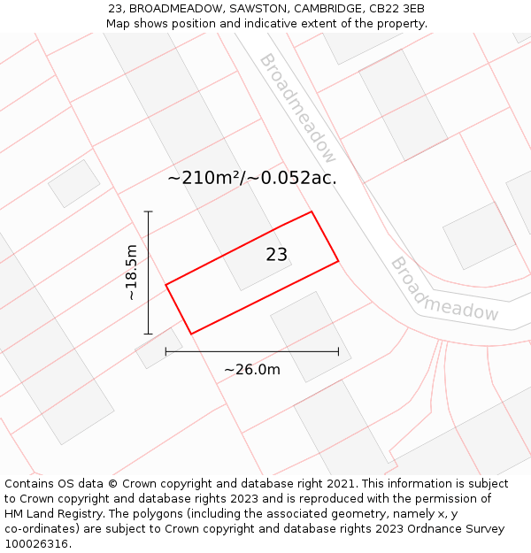 23, BROADMEADOW, SAWSTON, CAMBRIDGE, CB22 3EB: Plot and title map