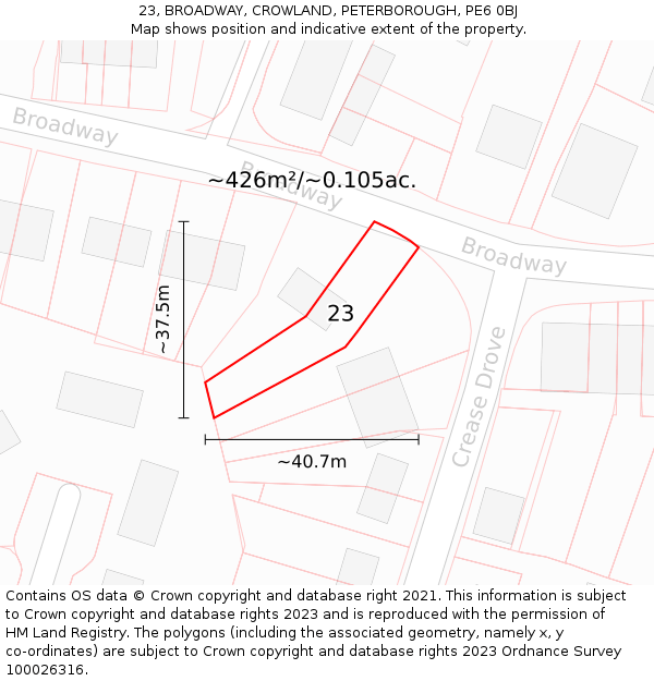 23, BROADWAY, CROWLAND, PETERBOROUGH, PE6 0BJ: Plot and title map