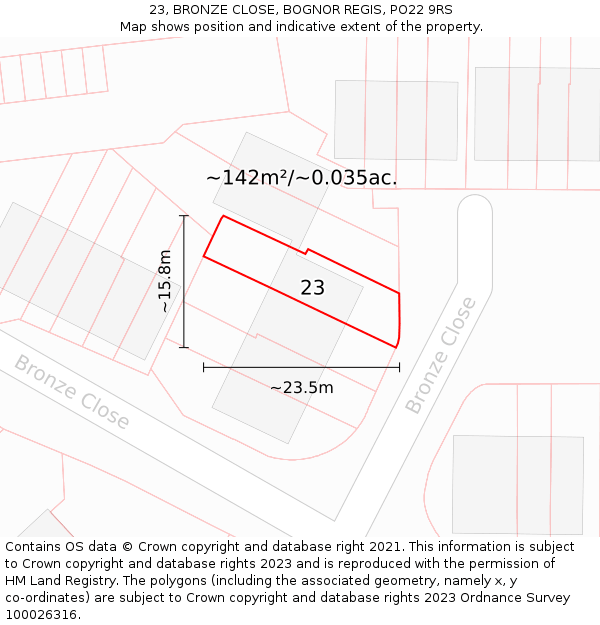 23, BRONZE CLOSE, BOGNOR REGIS, PO22 9RS: Plot and title map