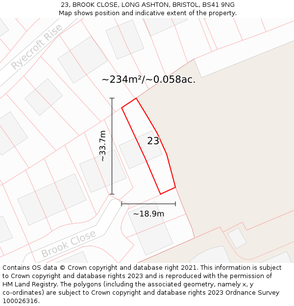23, BROOK CLOSE, LONG ASHTON, BRISTOL, BS41 9NG: Plot and title map