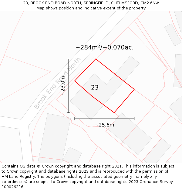 23, BROOK END ROAD NORTH, SPRINGFIELD, CHELMSFORD, CM2 6NW: Plot and title map