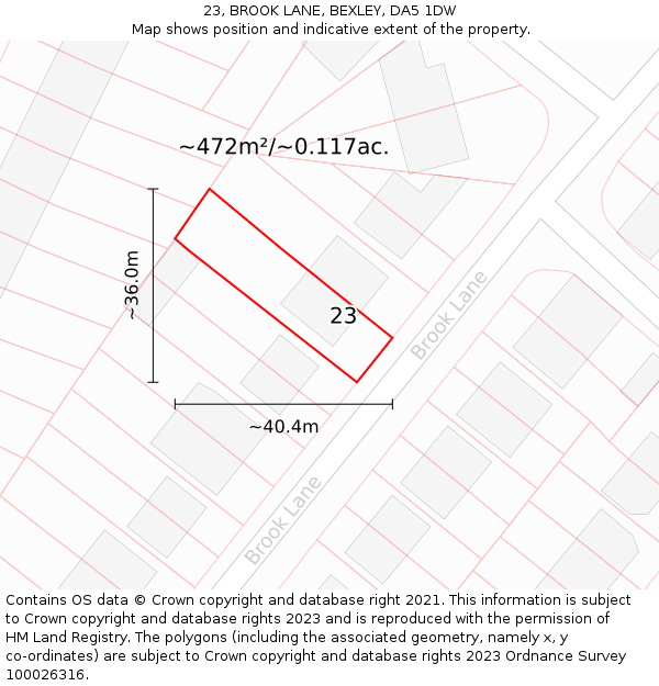 23, BROOK LANE, BEXLEY, DA5 1DW: Plot and title map