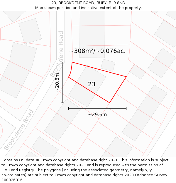 23, BROOKDENE ROAD, BURY, BL9 8ND: Plot and title map