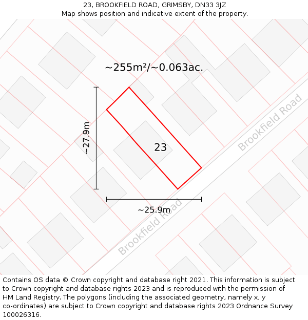 23, BROOKFIELD ROAD, GRIMSBY, DN33 3JZ: Plot and title map