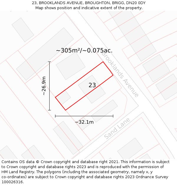 23, BROOKLANDS AVENUE, BROUGHTON, BRIGG, DN20 0DY: Plot and title map