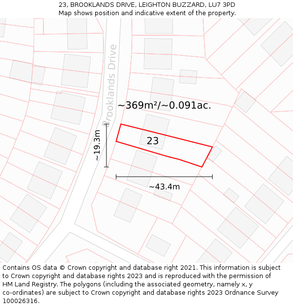 23, BROOKLANDS DRIVE, LEIGHTON BUZZARD, LU7 3PD: Plot and title map