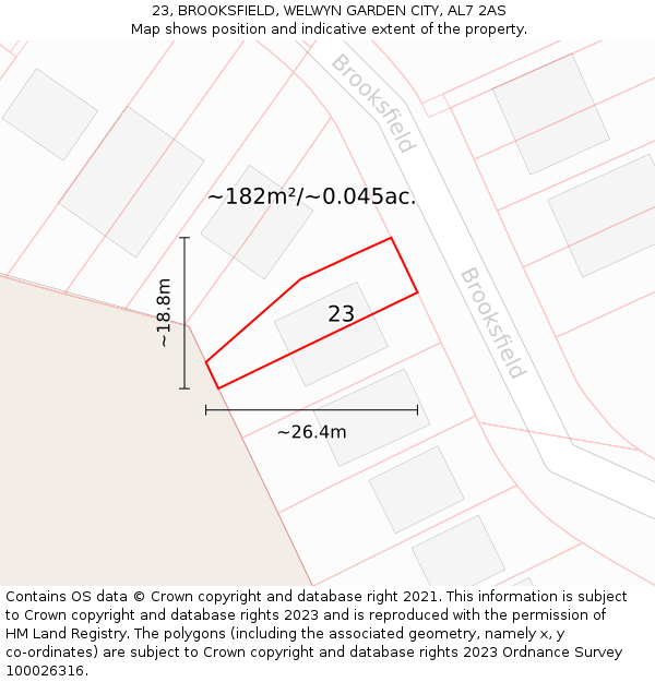 23, BROOKSFIELD, WELWYN GARDEN CITY, AL7 2AS: Plot and title map