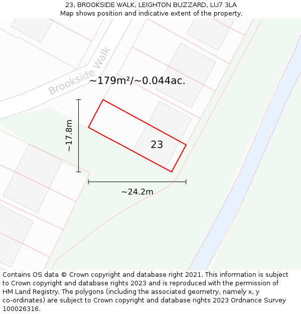 23, BROOKSIDE WALK, LEIGHTON BUZZARD, LU7 3LA: Plot and title map