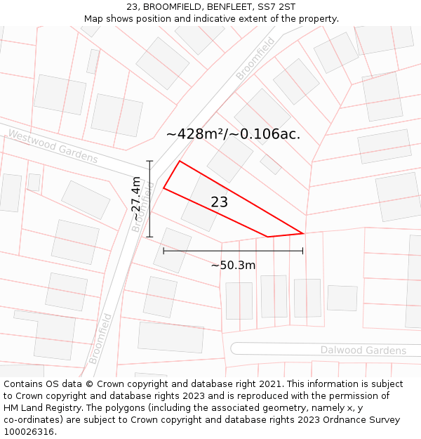 23, BROOMFIELD, BENFLEET, SS7 2ST: Plot and title map