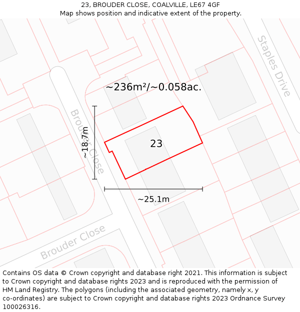 23, BROUDER CLOSE, COALVILLE, LE67 4GF: Plot and title map