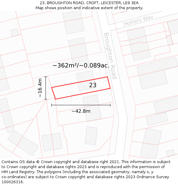 23, BROUGHTON ROAD, CROFT, LEICESTER, LE9 3EA: Plot and title map