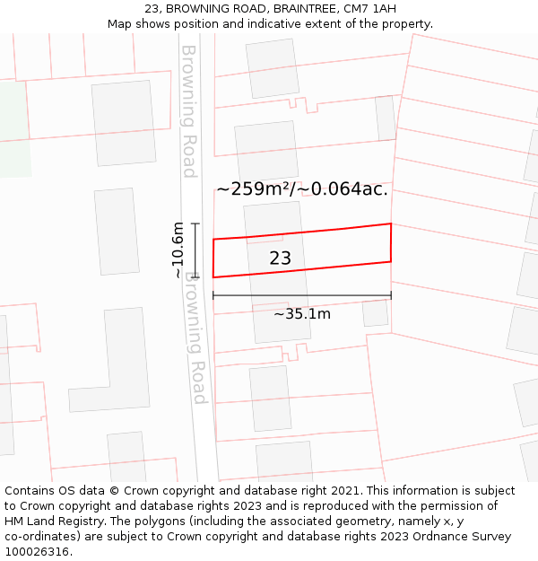 23, BROWNING ROAD, BRAINTREE, CM7 1AH: Plot and title map