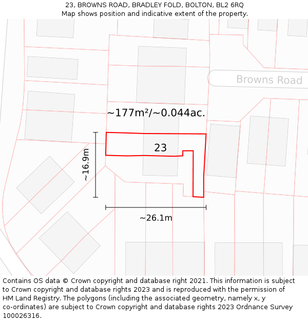 23, BROWNS ROAD, BRADLEY FOLD, BOLTON, BL2 6RQ: Plot and title map