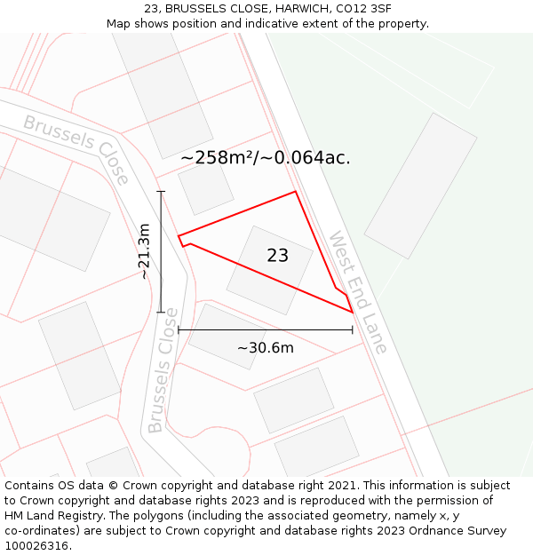 23, BRUSSELS CLOSE, HARWICH, CO12 3SF: Plot and title map