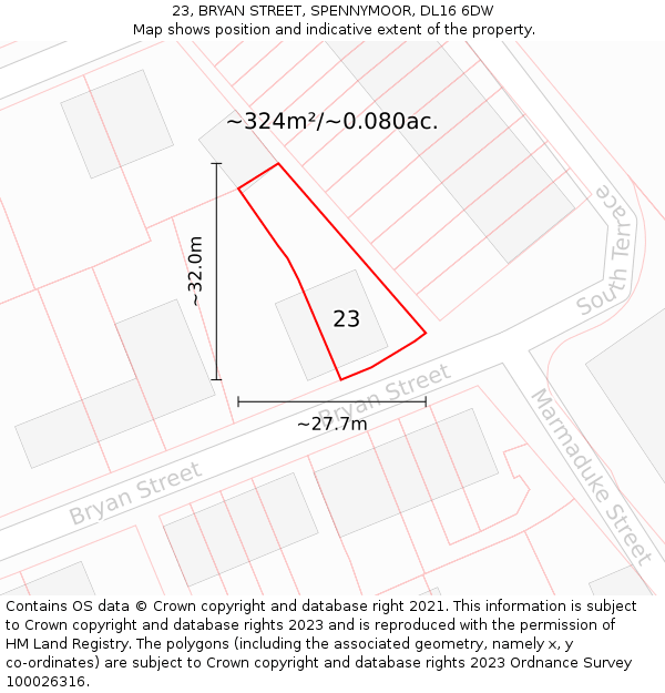 23, BRYAN STREET, SPENNYMOOR, DL16 6DW: Plot and title map