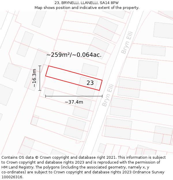 23, BRYNELLI, LLANELLI, SA14 8PW: Plot and title map