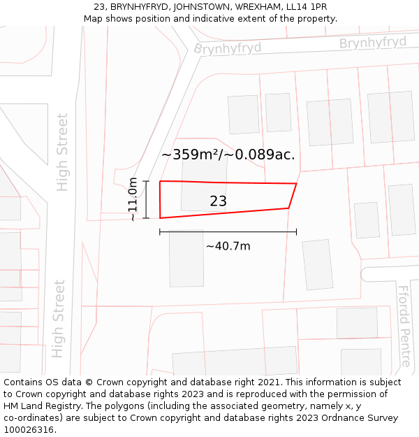 23, BRYNHYFRYD, JOHNSTOWN, WREXHAM, LL14 1PR: Plot and title map