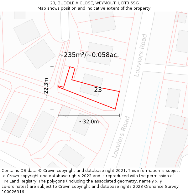 23, BUDDLEIA CLOSE, WEYMOUTH, DT3 6SG: Plot and title map