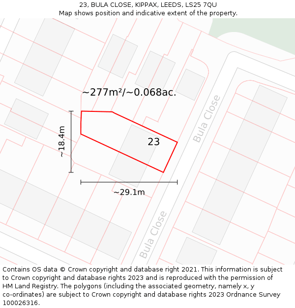 23, BULA CLOSE, KIPPAX, LEEDS, LS25 7QU: Plot and title map