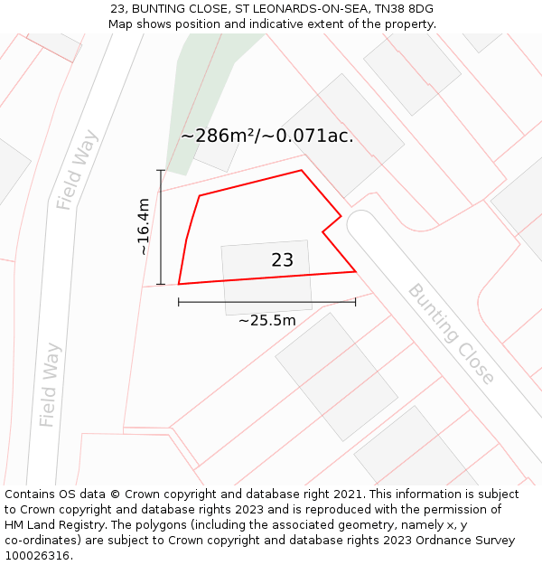 23, BUNTING CLOSE, ST LEONARDS-ON-SEA, TN38 8DG: Plot and title map