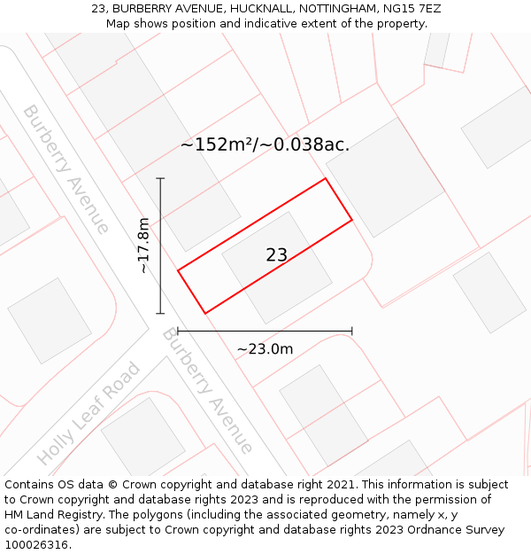 23, BURBERRY AVENUE, HUCKNALL, NOTTINGHAM, NG15 7EZ: Plot and title map