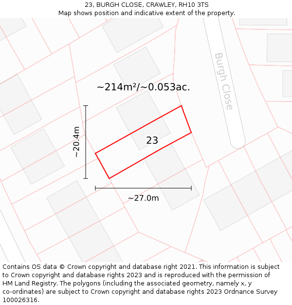 23, BURGH CLOSE, CRAWLEY, RH10 3TS: Plot and title map